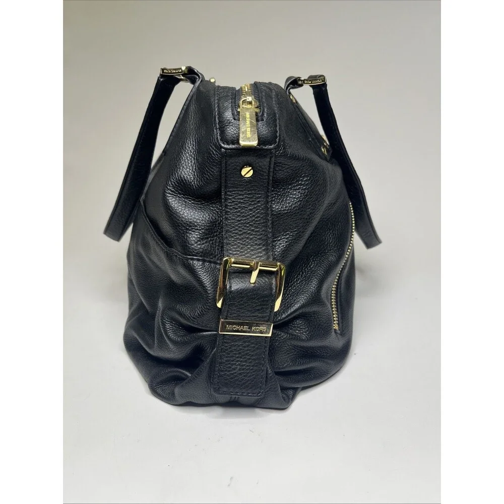 Michael Kors Portland Pebbled Black Leather Satchel Purse Gold Zipper Handbag